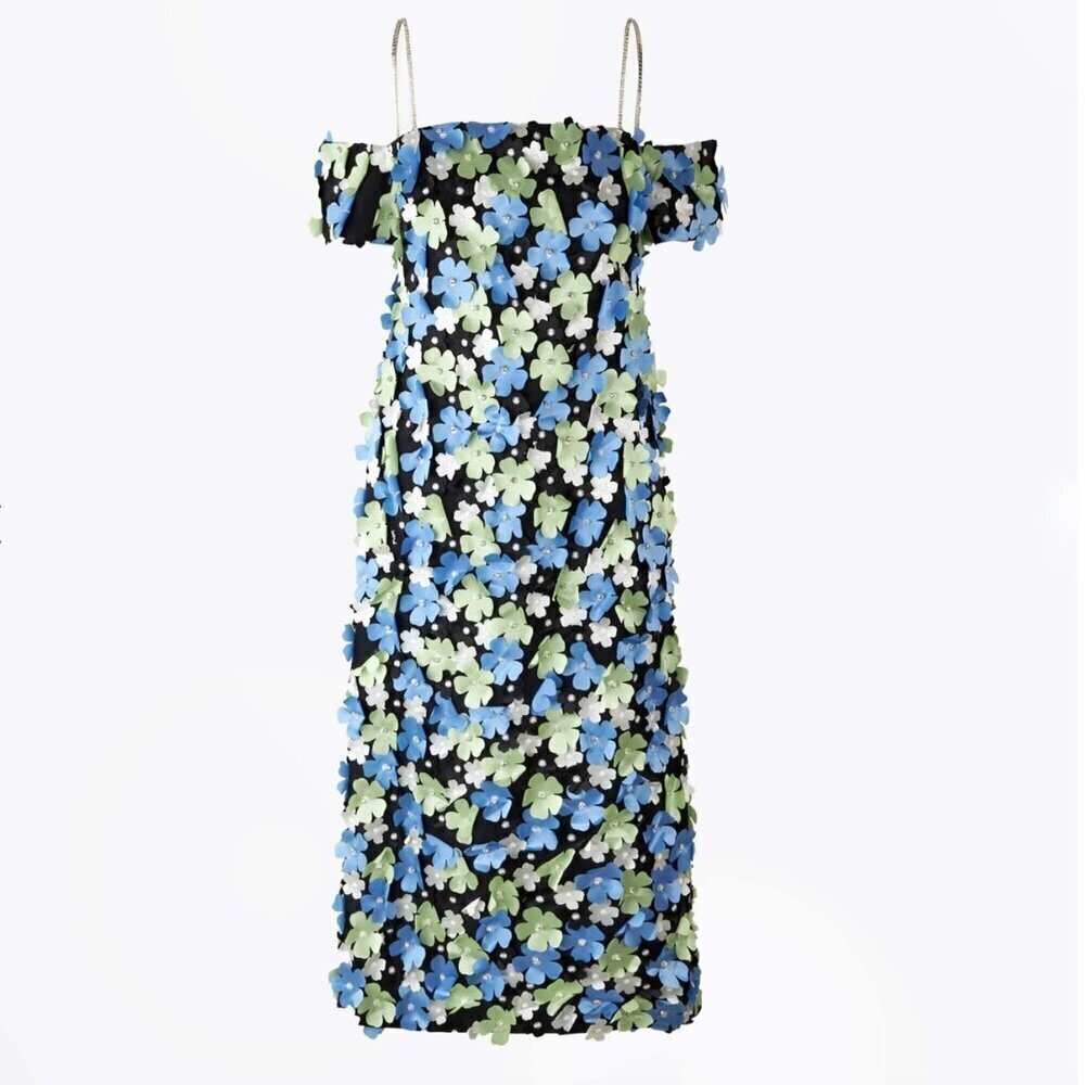 STINE GOYA Beilula Off Shoulder 3D Flower Midi Dress Crystal Garden Blue Denmark - Picture 3 of 16